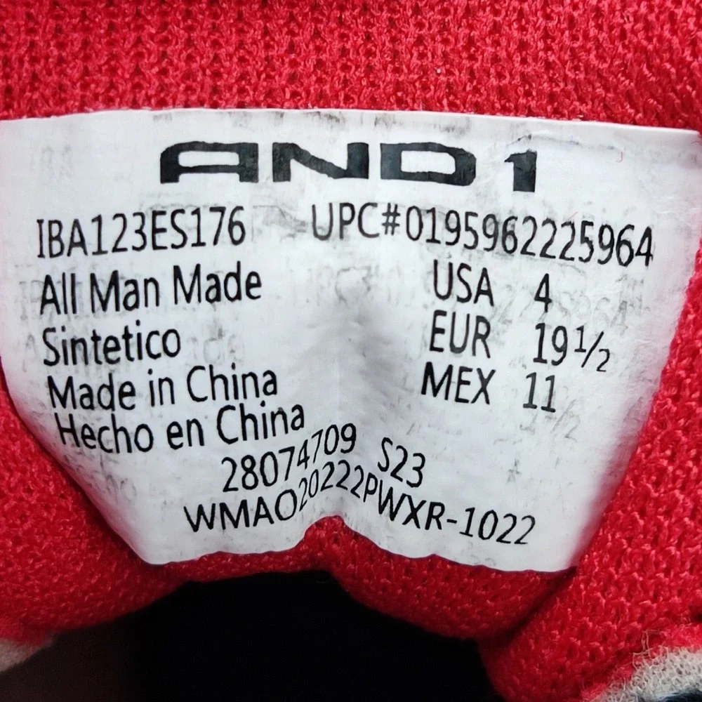 AND1 Basketball Sneakers Kids Size 4 White‎ Red Black High Top Hook Loop Strap